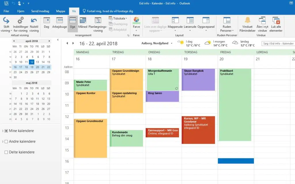 Visning af kalender med baggrundsfarver på aftaler