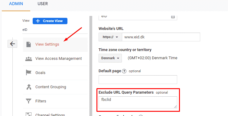 Indsæt fbclid i feltet "Exclude URL Query Parameters"