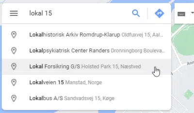 Man kan ikke finde lokale 15 på google maps (screenshot)