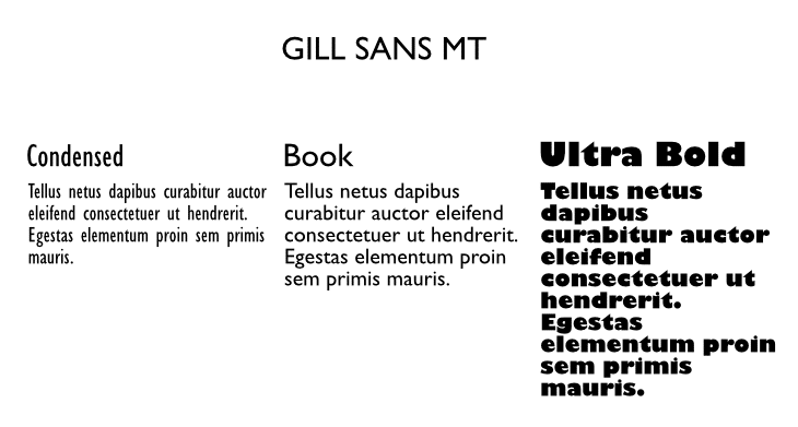 Fontfamillien Gill Sans vist i condensed, book og Ultra bold